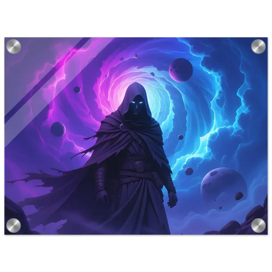 Acrylic print of a hooded figure against a cosmic backdrop from Voidwalkers Gate PixiOnyx Wall Display