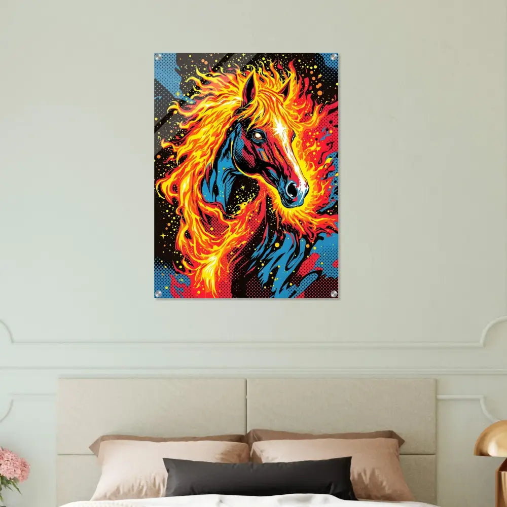 Vibrant cosmic horse ablaze pop art acrylic print on PixiOnyx Luxe Display shimmering acrylic transforms