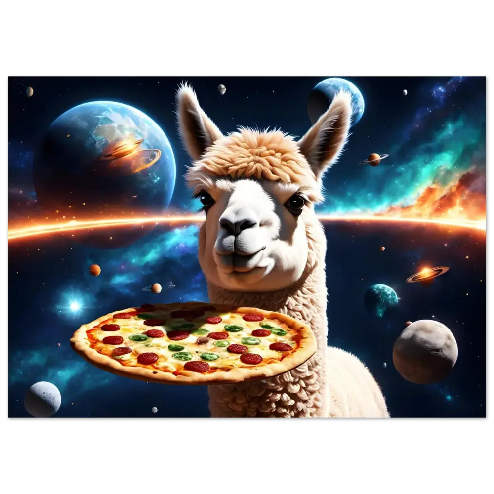 Llama holding pepperoni pizza in front of Alpaca Pizza Poster Galactic Crust Crusade