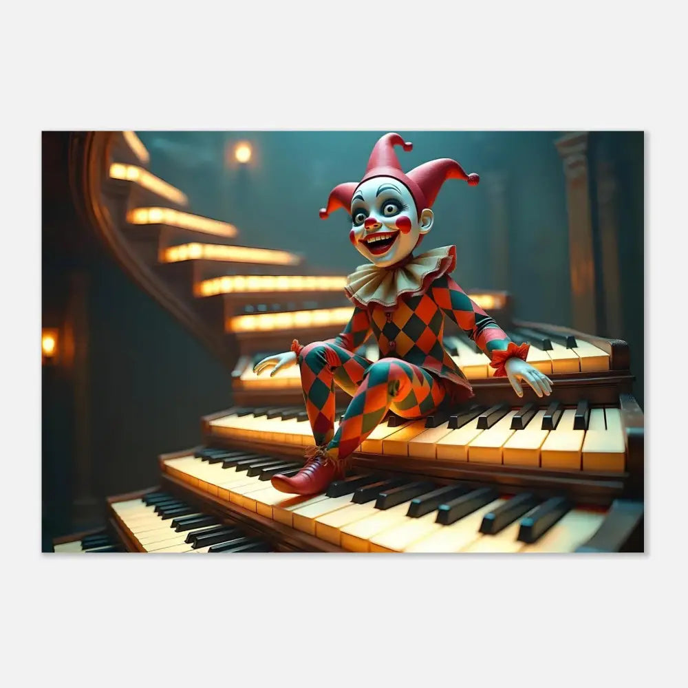 Whimsical clown doll on piano stairs aluminum marionette print by PixiOnyx Metal Art