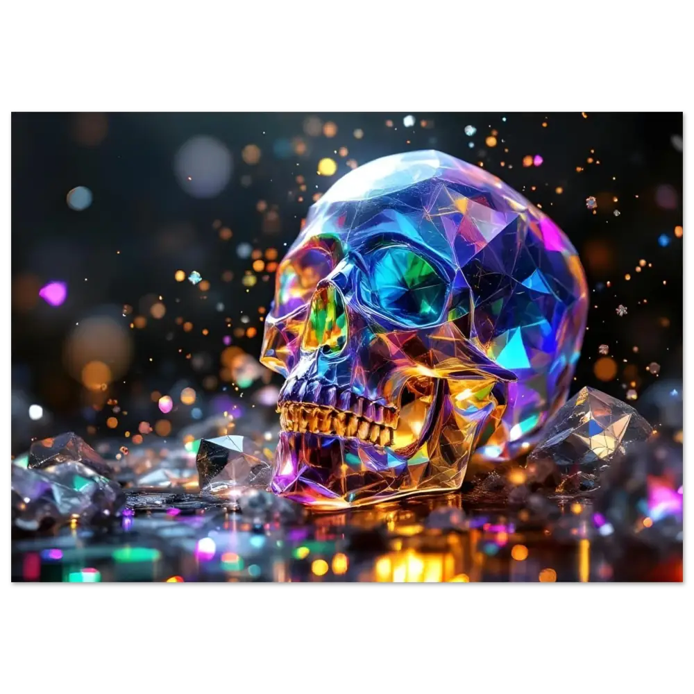 Iridescent crystal skull displayed on Aluminum Print in PixiOnyx Apex Shine Series