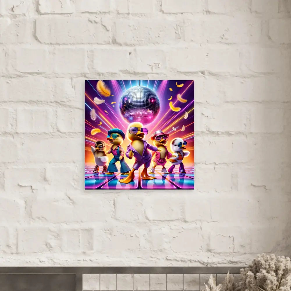 Disco duck artwork on aluminum print for PixiOnyx Retro Absurdist Display