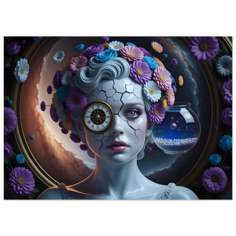 Cracked porcelain woman with clock eye and floral headdress on PixiOnyx Aluminum Print