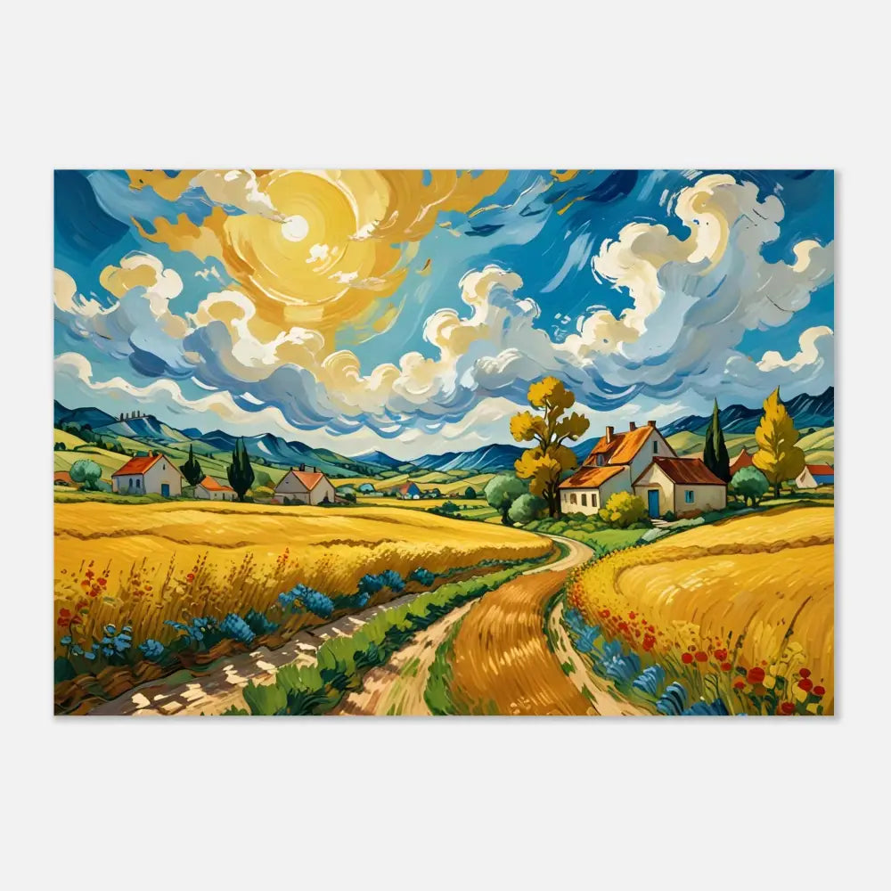 Impressionistic rural landscape painting on Aluminum Print Golden Fields Reverie PixiOnyx