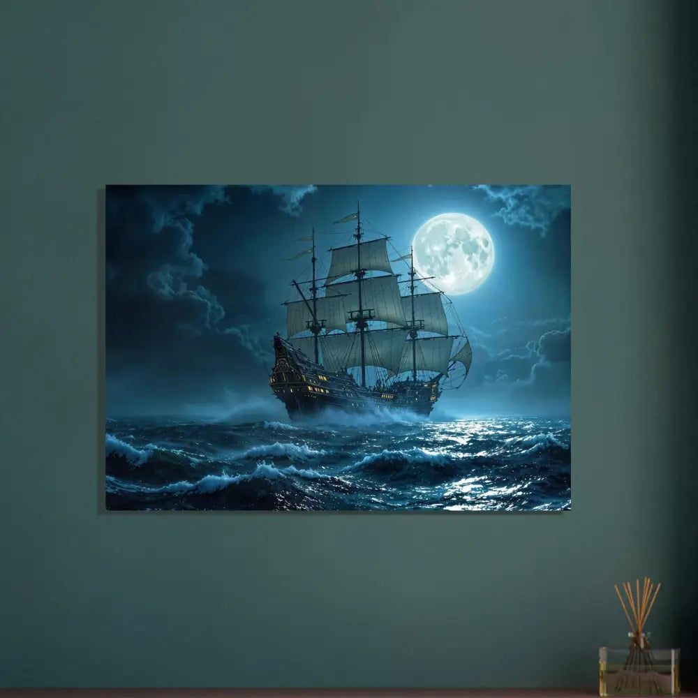 Moonlit sailing ship aluminum print from PixiOnyx Glimmersteel Edition