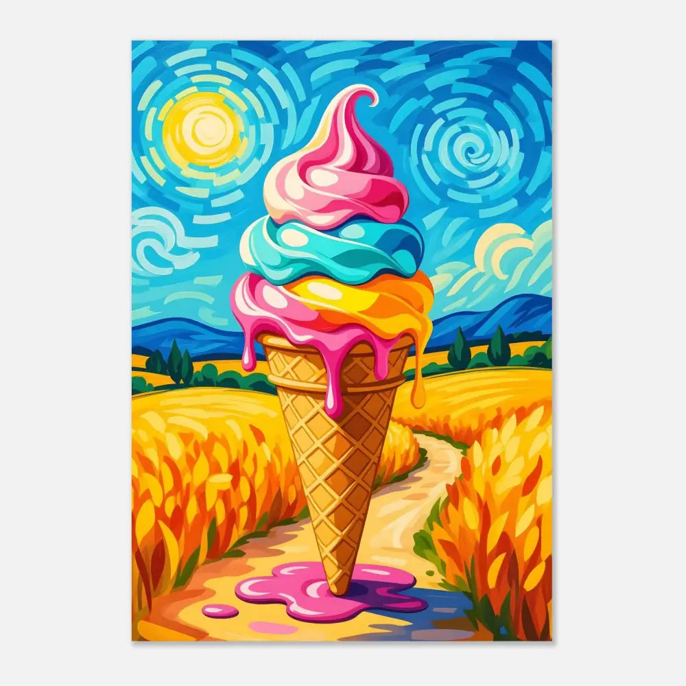 Colorful melting ice cream cone on playful metal Aluminum Print Sunlit Swirl of Pastoral Chaos