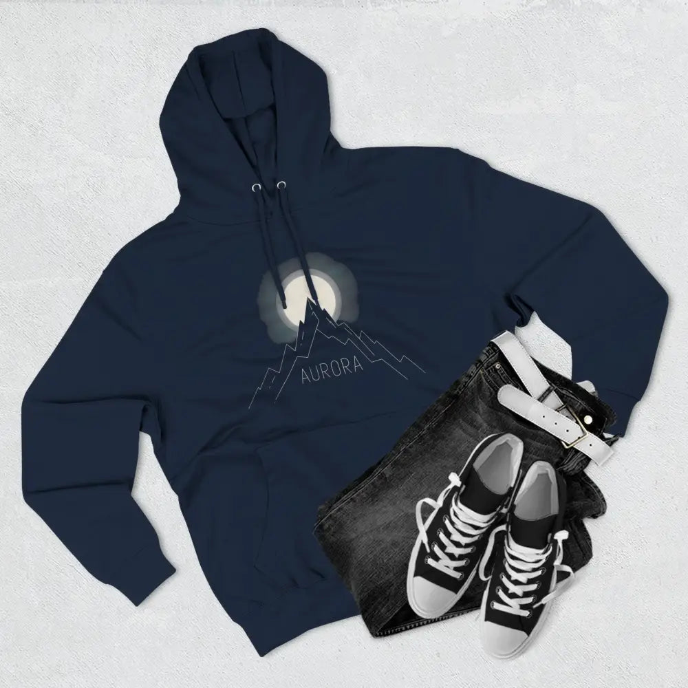 Navy blue hoodie with moon and mountain graphic, machine wash max 30C, cozy outdoor wear