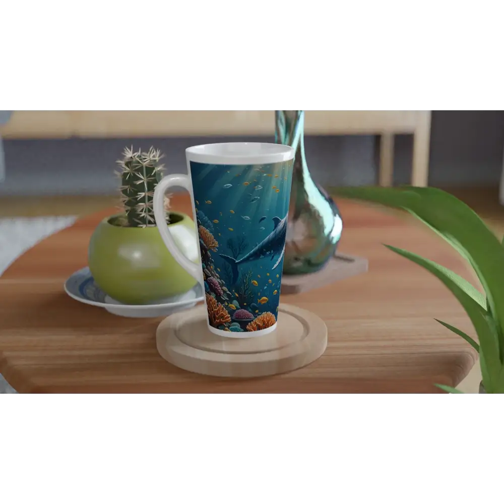 Blue Whale Latte Mug with underwater scene, tall ceramic art by PixiOnyx