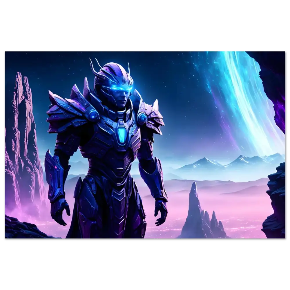 Futuristic armored warrior on Celestial Vanguard Aluminum Print for Hyperlight Watch display