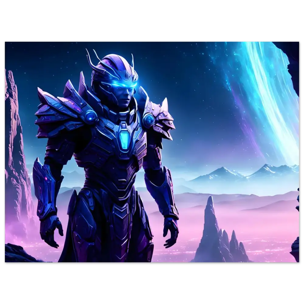 Futuristic armored warrior Celestial Vanguard Poster Nebula War Sentinel PixiOnyx Fine Art Print