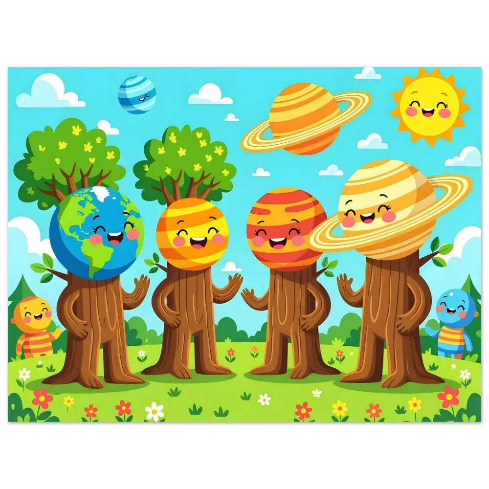Cartoon planet-headed trees from PixiOnyx Stellar Kids Art poster
