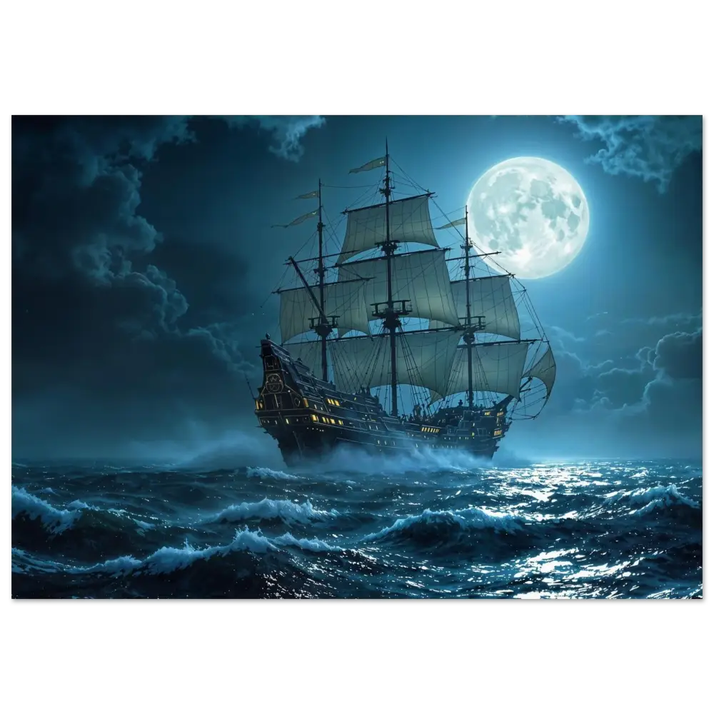 Moonlit galleon sailing across a calm sea in a nautical dreamscape poster