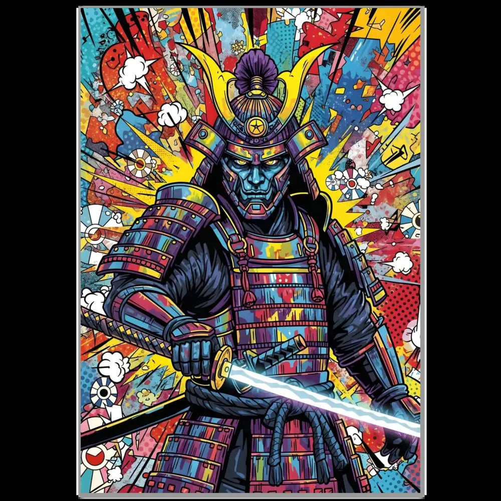 Vibrant samurai splash poster with glowing katana, professional print durability FSC®