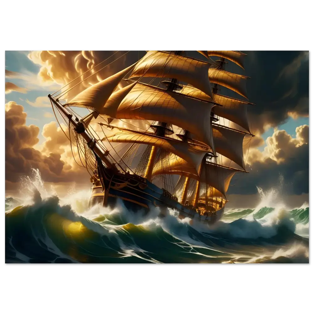 Fine Art Poster Tempestbound Sovereign shows galleon navigating stormy seas