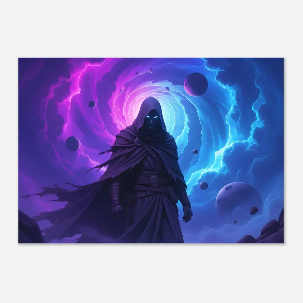 Hooded figure amid a cosmic setting in PixiOnyx Matte Print Framed Cloaked Figure Art