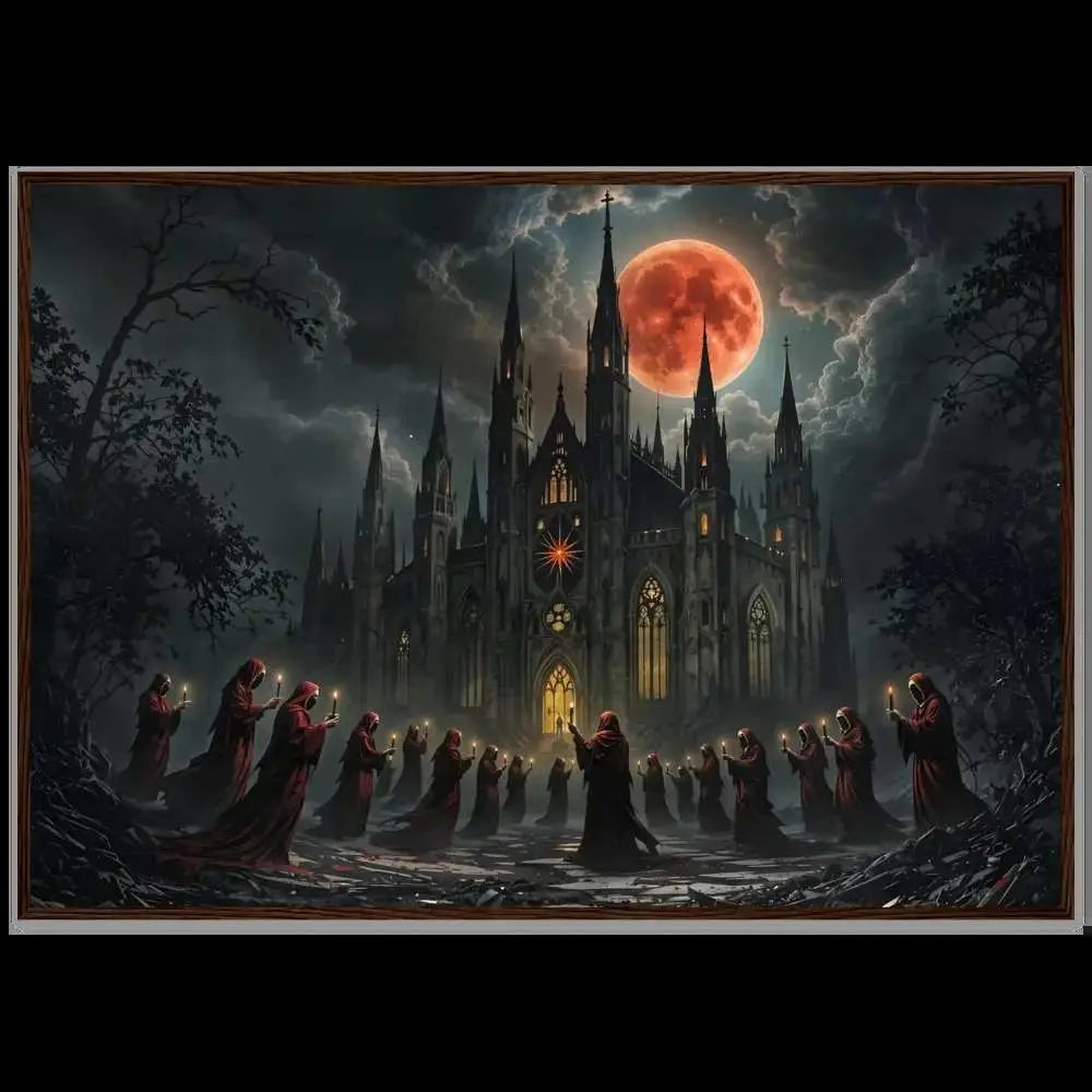 Gothic cathedral steeped in darkness with cloaked figures marches beneath blood-red moon