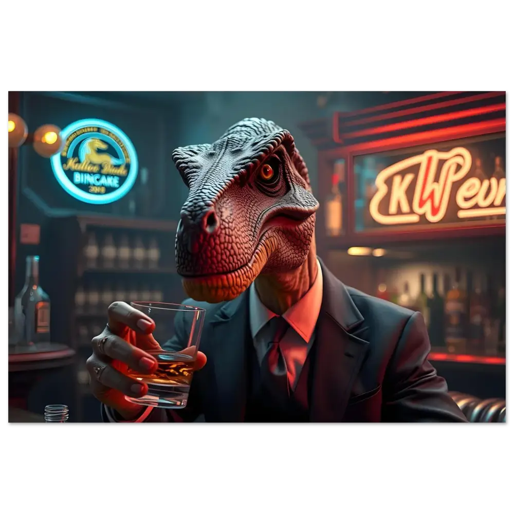 Framed Whiskey Raptor Art depicting a dinosaur in a suit holding a glass of whiskey
