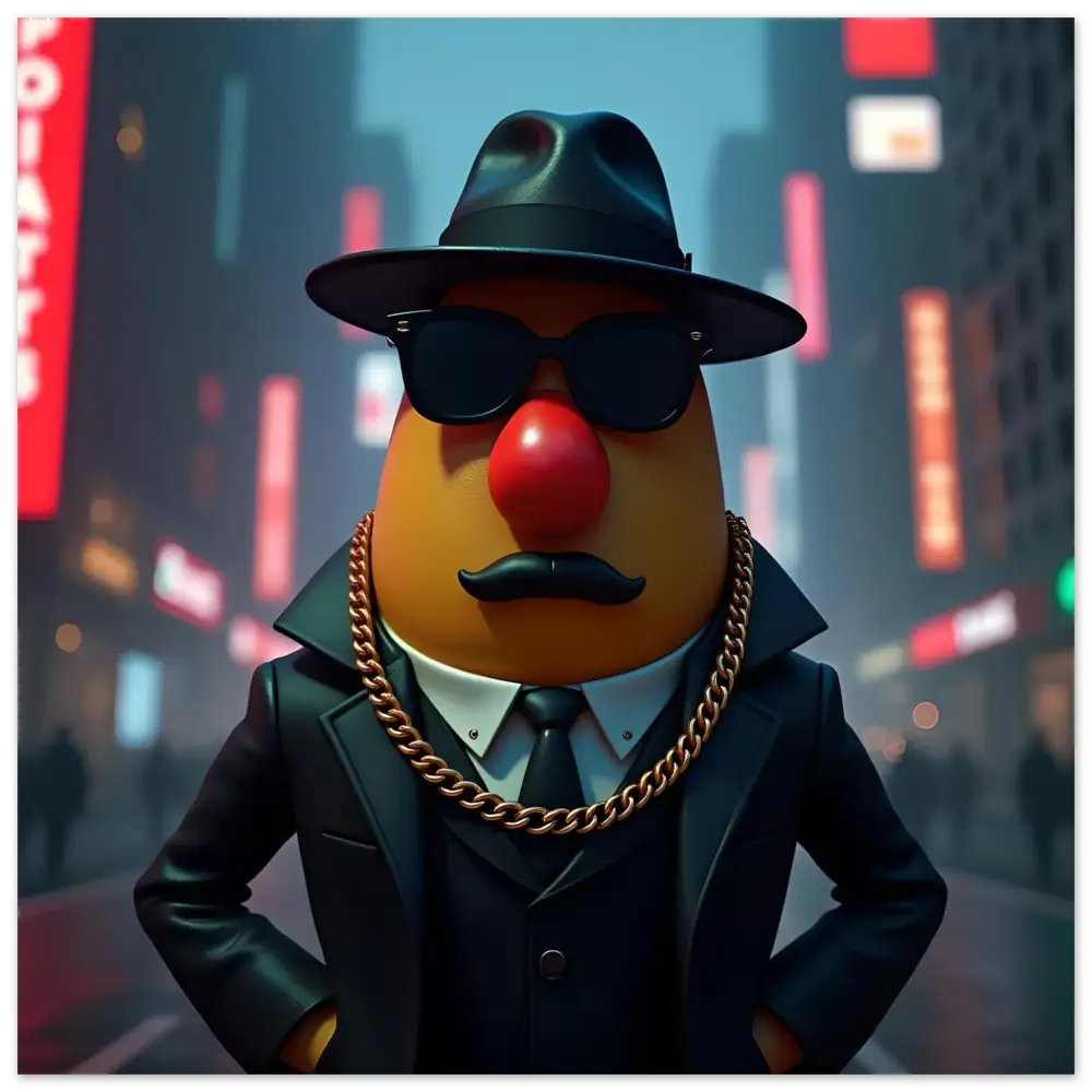 Mr Potato Head in a suit displayed on Gangster Potato Fine Art Poster PixiOnyx