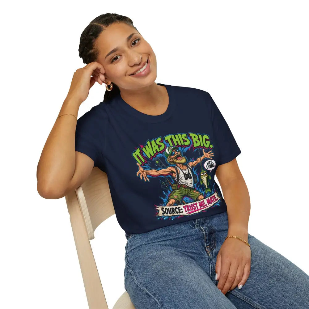 Navy blue unisex short-sleeved t-shirt with colorful cartoon graphic and funny retro fishing text care instructions low heat tumble dry