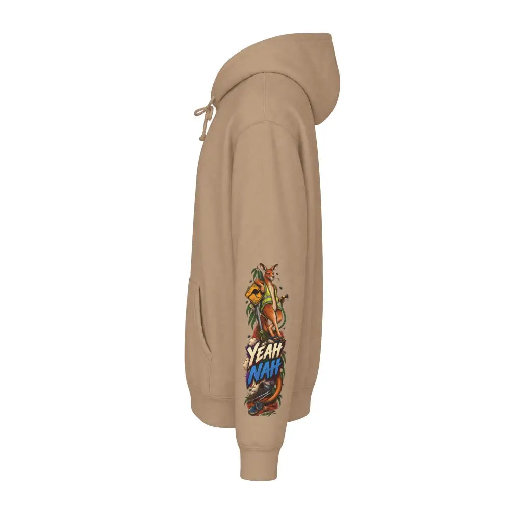 Beige heavyweight hooded sweatshirt featuring a colorful kangaroo graphic and yeah nay text on the sleeve