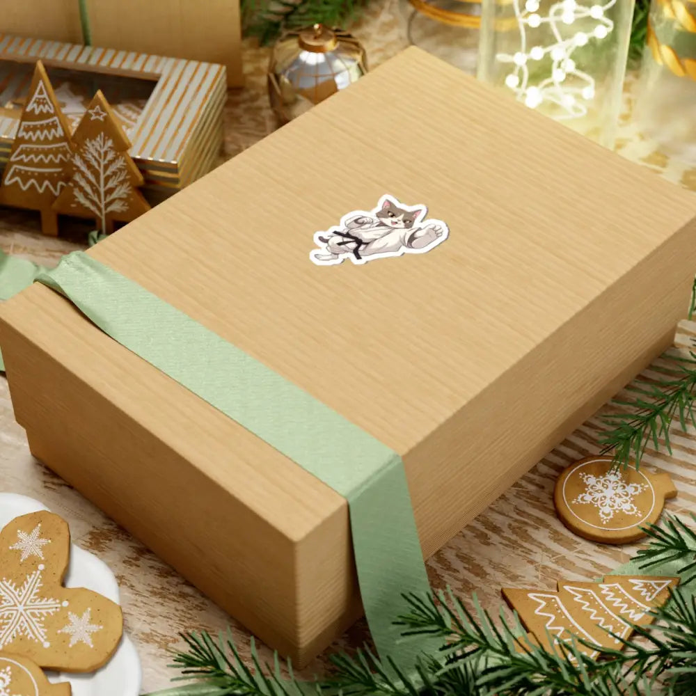 Tan gift box with green ribbon for Kiss-Cut Sticker Karate Cat PixiOnyx Combat Whiskers Series