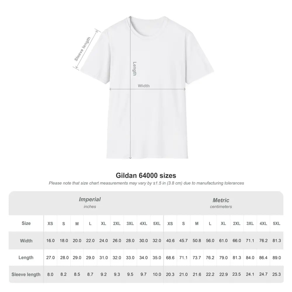 Alt text for Lotus Blossom Unisex Softstyle T-Shirt size chart with measurements for reducing fabric waste