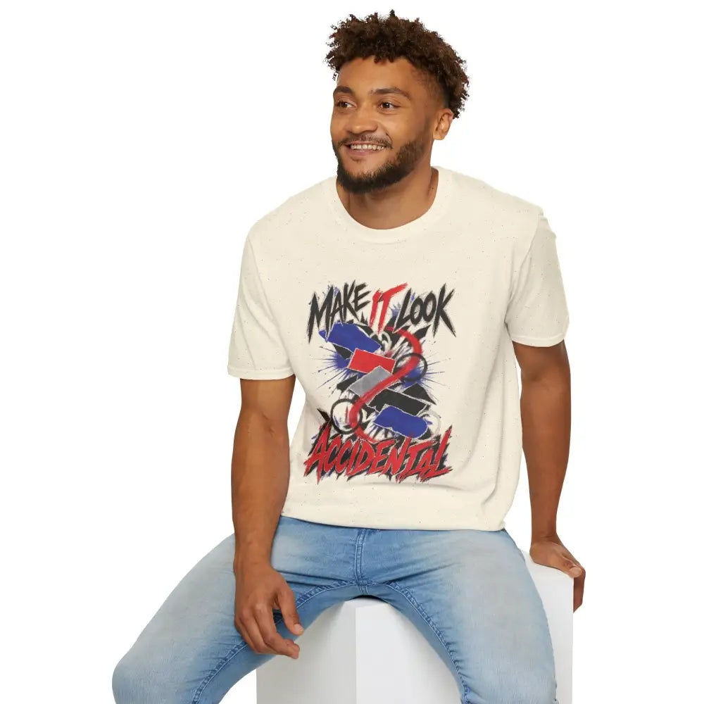 Cream-colored cotton unisex t-shirt with bold graffiti graphic making it look accidental care instructions low heat tumble dry