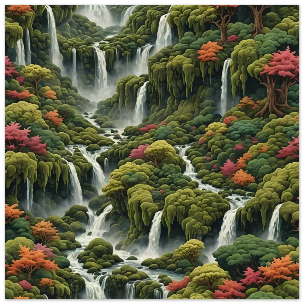 Lush cascading waterfalls amidst vibrant foliage on Moss Cascade Wood Print by PixiOnyx