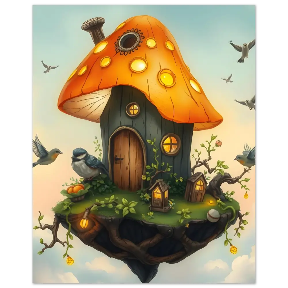Whimsical mushroom house on a floating island aluminum print in PixiOnyx Gloss Fantasy Panel