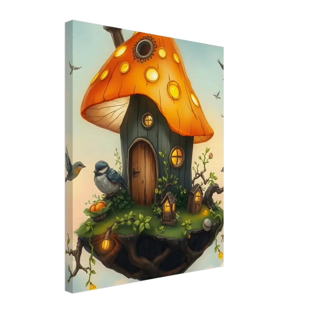Whimsical Mushroom House Canvas featuring a skyward birdhouse in clouds artwork
