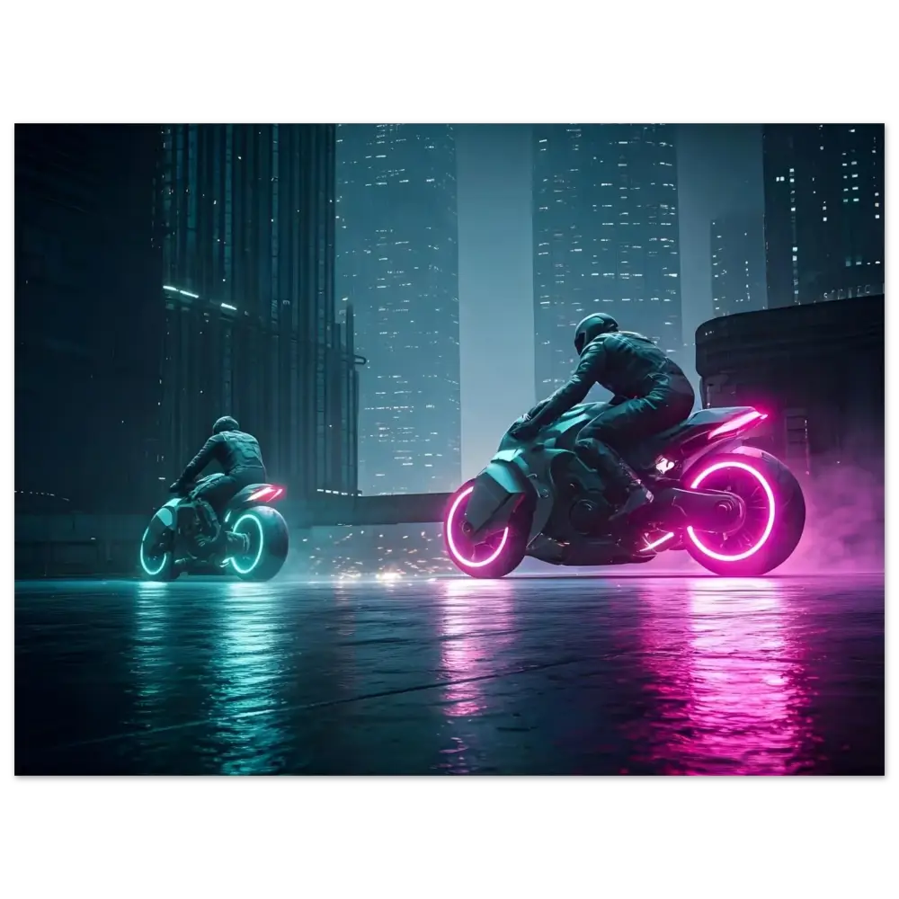 Futuristic neon motorcycles displayed on Neon Velocity cyberpunk wall art poster