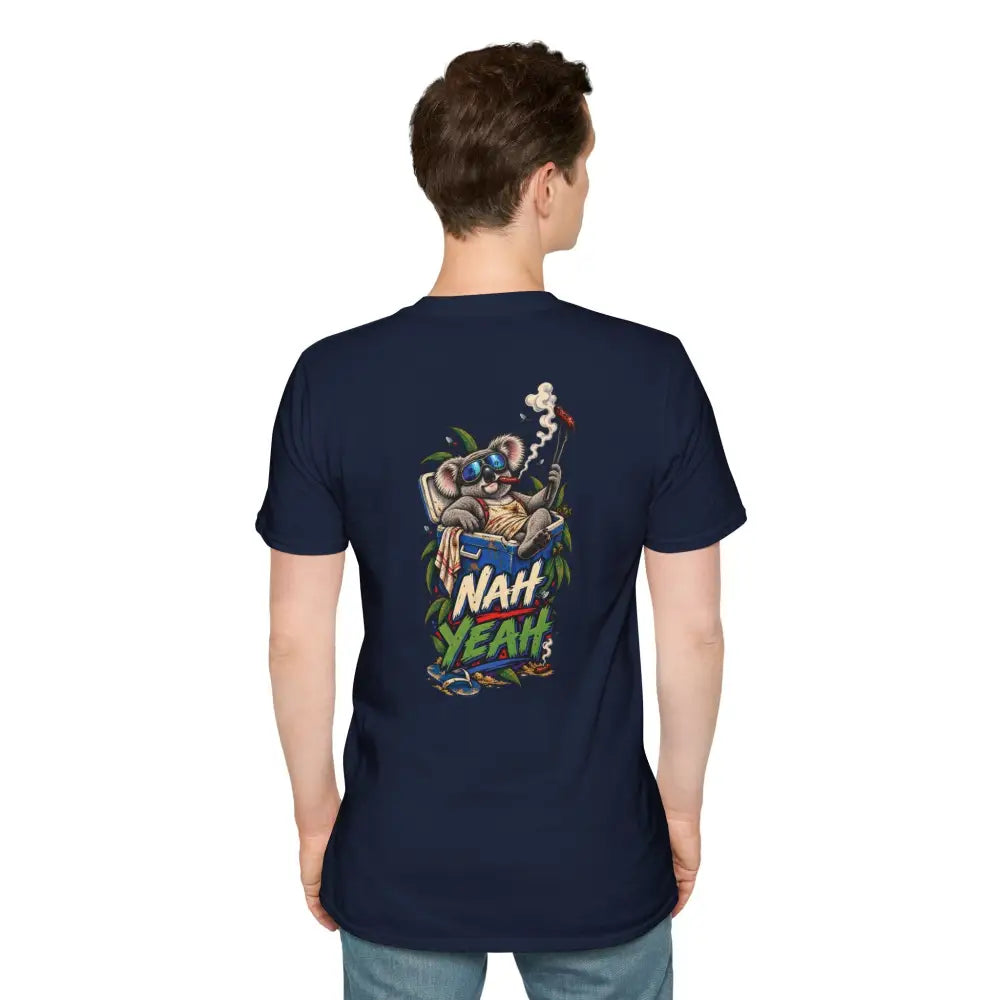 Navy blue no worries unisex t-shirt in soft ring-spun cotton with colorful koala graphic and low heat care instructions