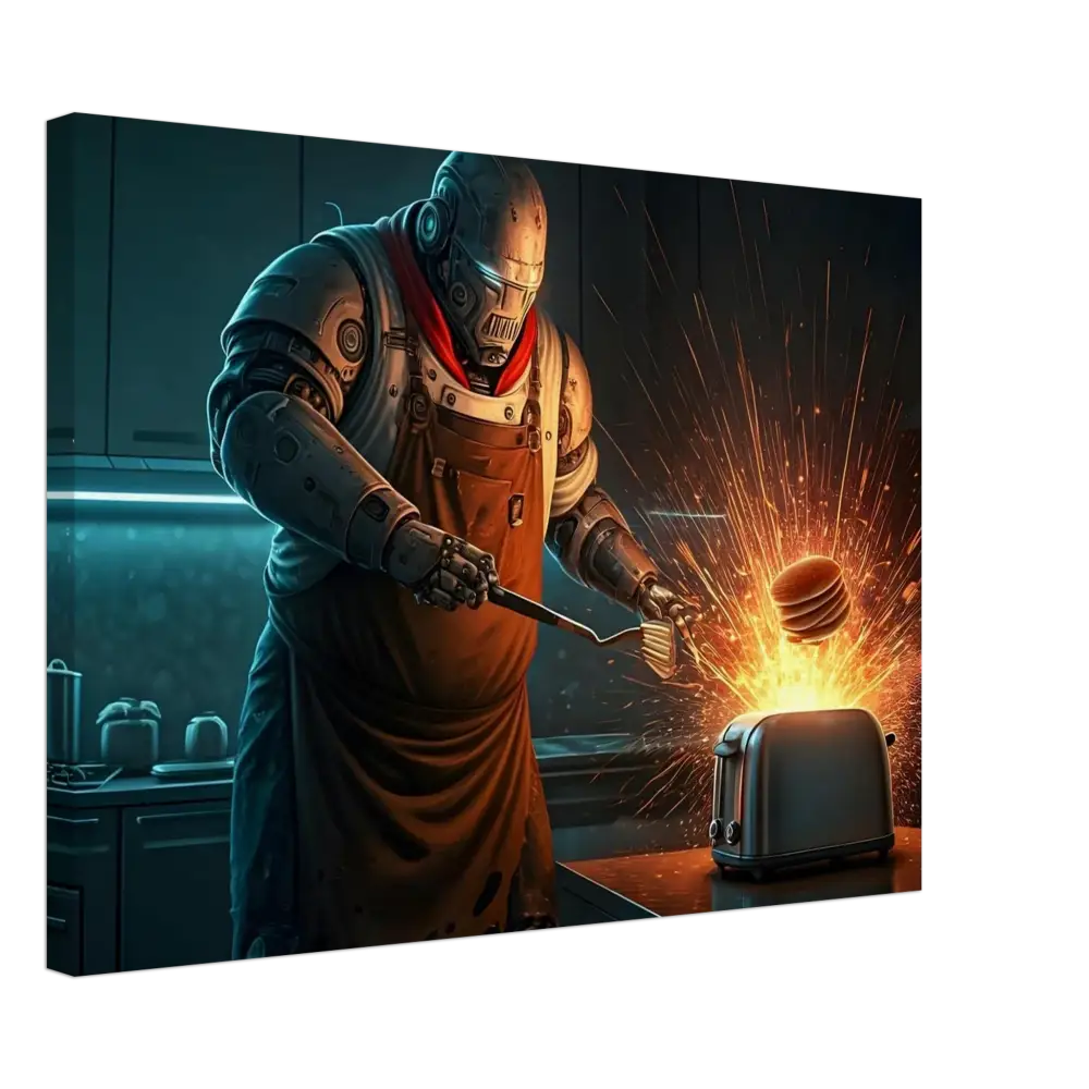 Robot chef flipping exploding pancakes on Pancake Protocol Breakfast Uprising Canvas