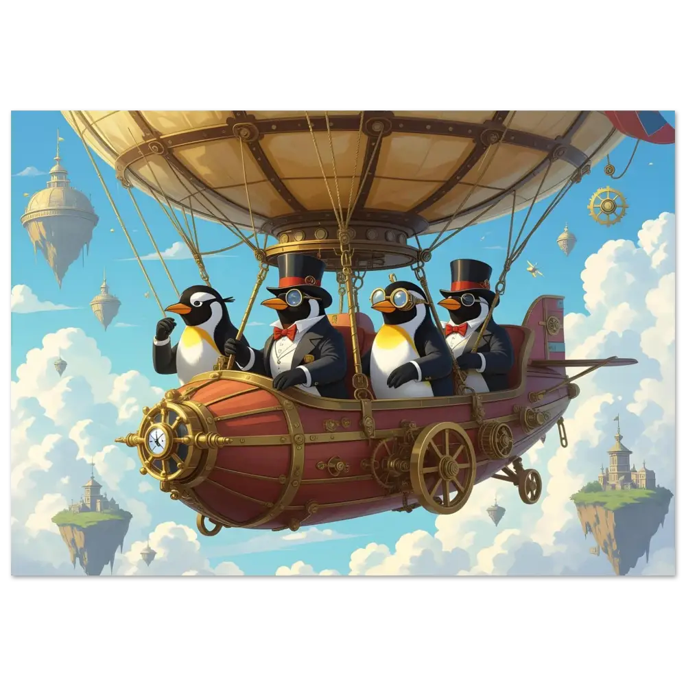 Steampunk penguin riding an airship with a vintage style for the Penguin Zeppelin Society Poster