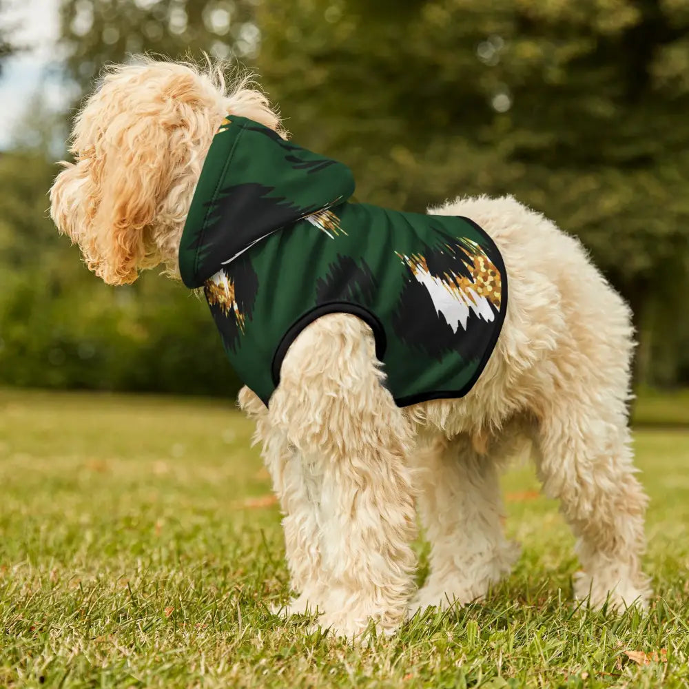 Dog wearing Skyhawk Forest Camo Pet Hoodie from PixiOnyx Bold Petwear
