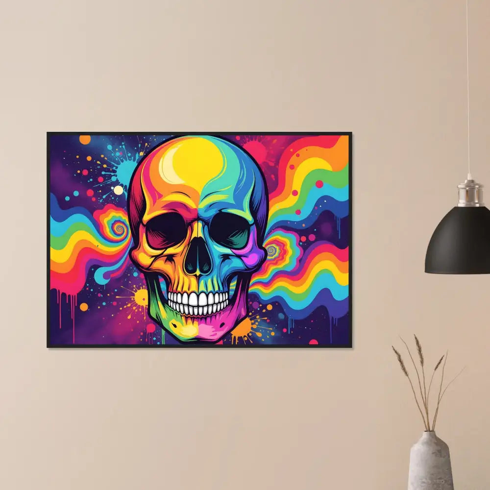 Colorful psychedelic skull art print in premium matte framed poster for vibrant wall decor