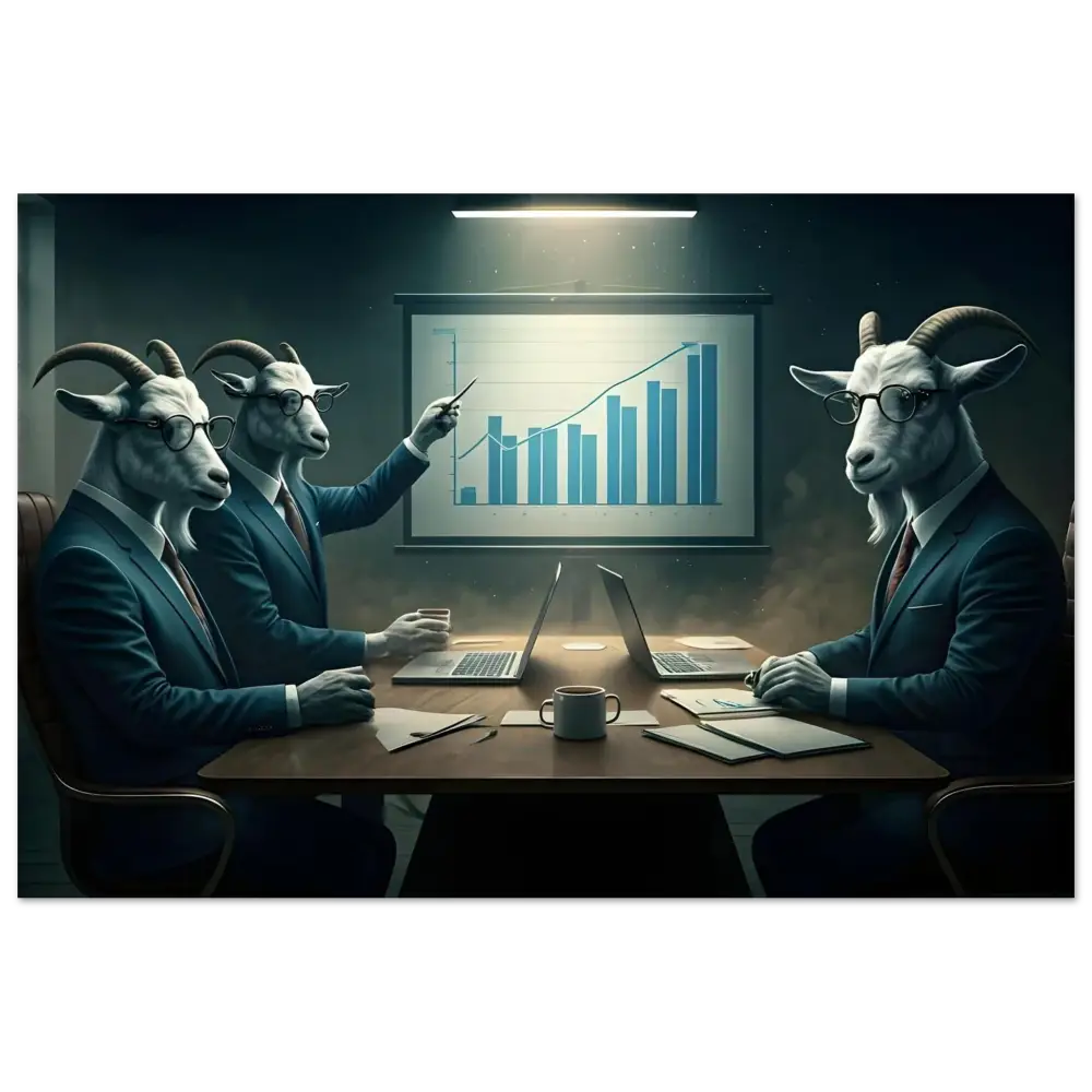 Goat-headed business executives displayed on a modern aluminum print for Quarterly Goat Earnings Report