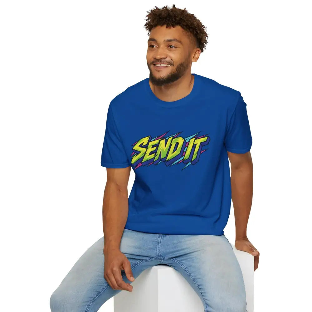 Blue cotton send it graphic unisex t-shirt with neon colors made from ethically sourced ring-spun cotton for low heat care