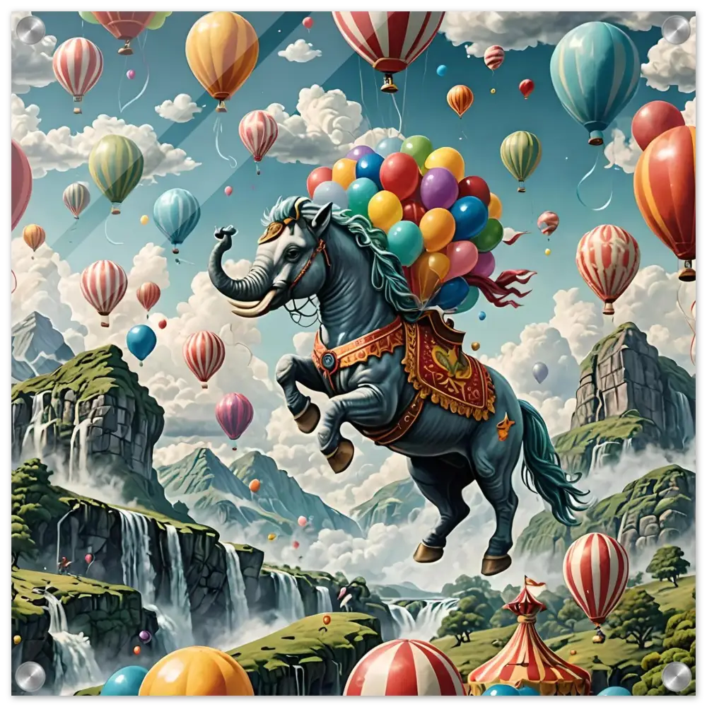 Fantasy horse-elephant hybrid with balloons in Skybound Majesty Acrylic Fantasy Print by PixiOnyx