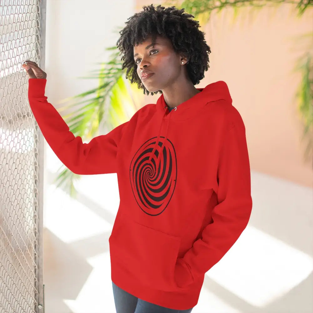 Red fleece hoodie with black spiral design, spacious kangaroo pocket, perfect for fall