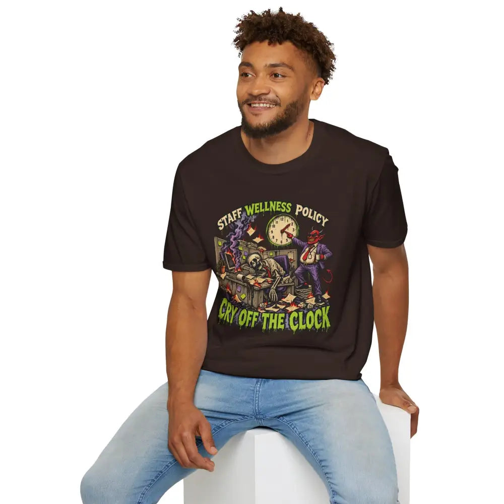 Black cotton staff wellness policy t-shirt with colorful skeleton and devil graphic care instructions low heat