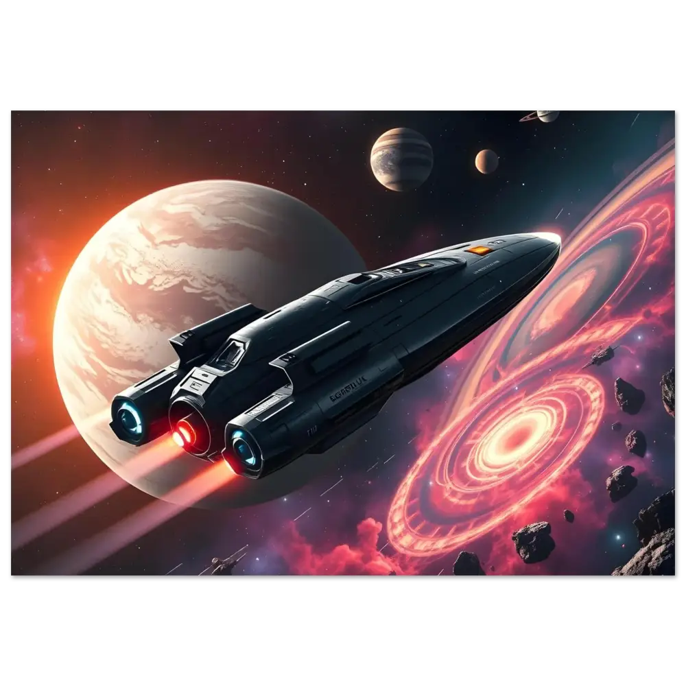 Sleek spaceship with glowing engines from Starship Voyager Aluminum Print by PixiOnyx
