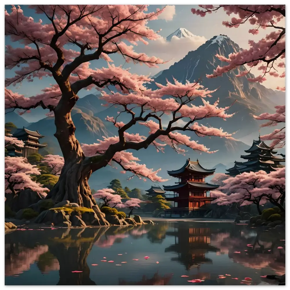 Cherry blossom landscape with temples displayed on Temple Blossom Serenity Wood Wall Print