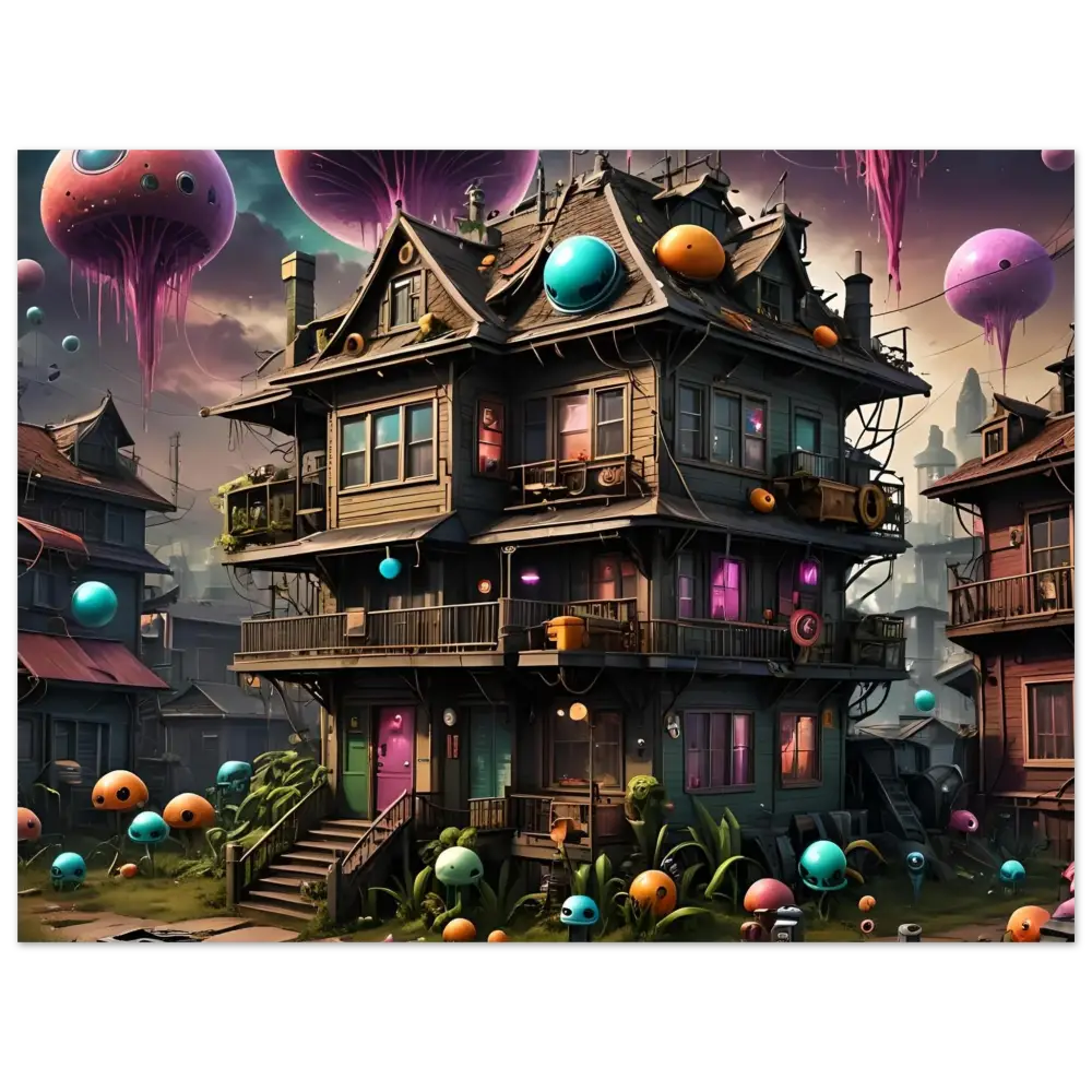 Whimsical multi-story house with colorful orbs in psychedelic sci-fi wall art aluminum print