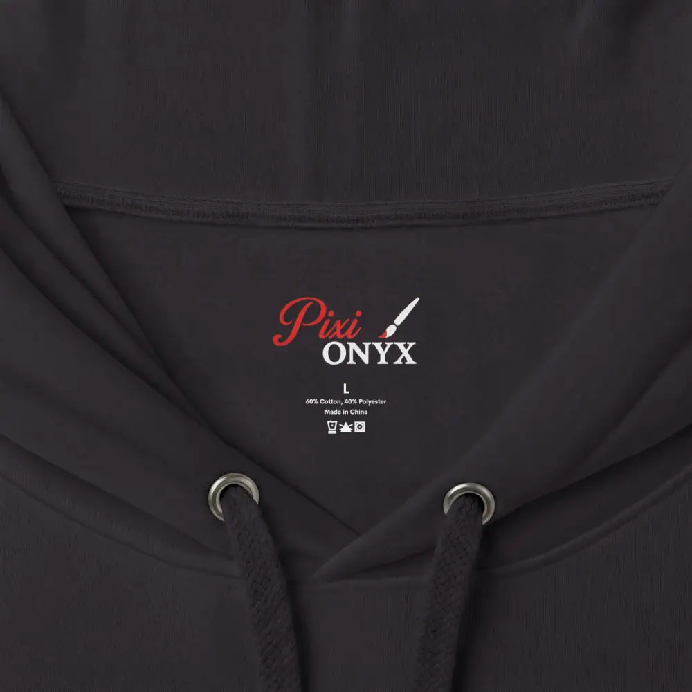 Unisex black pixi onyx heavyweight hooded sweatshirt with subtle red and white logo tag brings bold graphic style