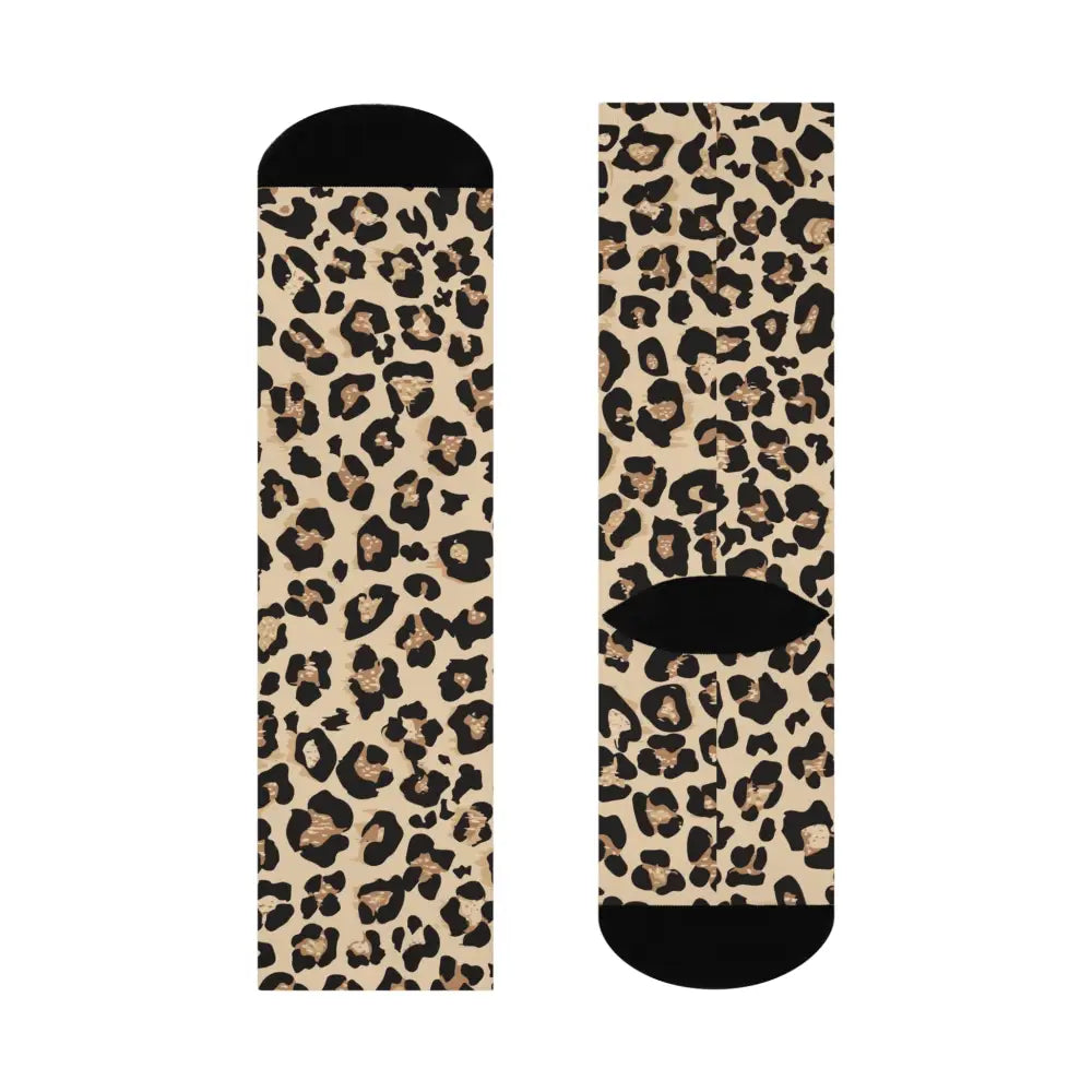 Wild leopard print cushioned crew socks with black toes and heels for comfortable footwear