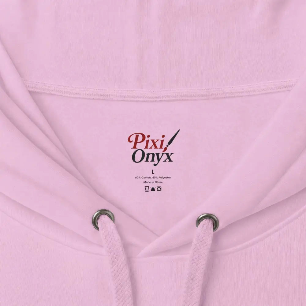 Pink heavyweight hooded sweatshirt with pixi onyx label and silver drawstring eyelets from family group chat design
