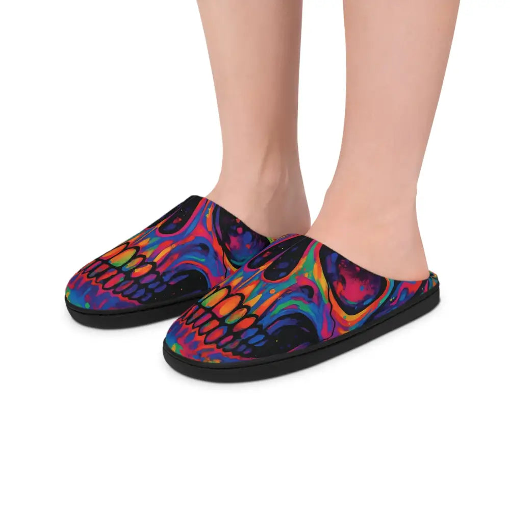 Colorful skull slippers for women with neon skeleton art by PixiOnyx