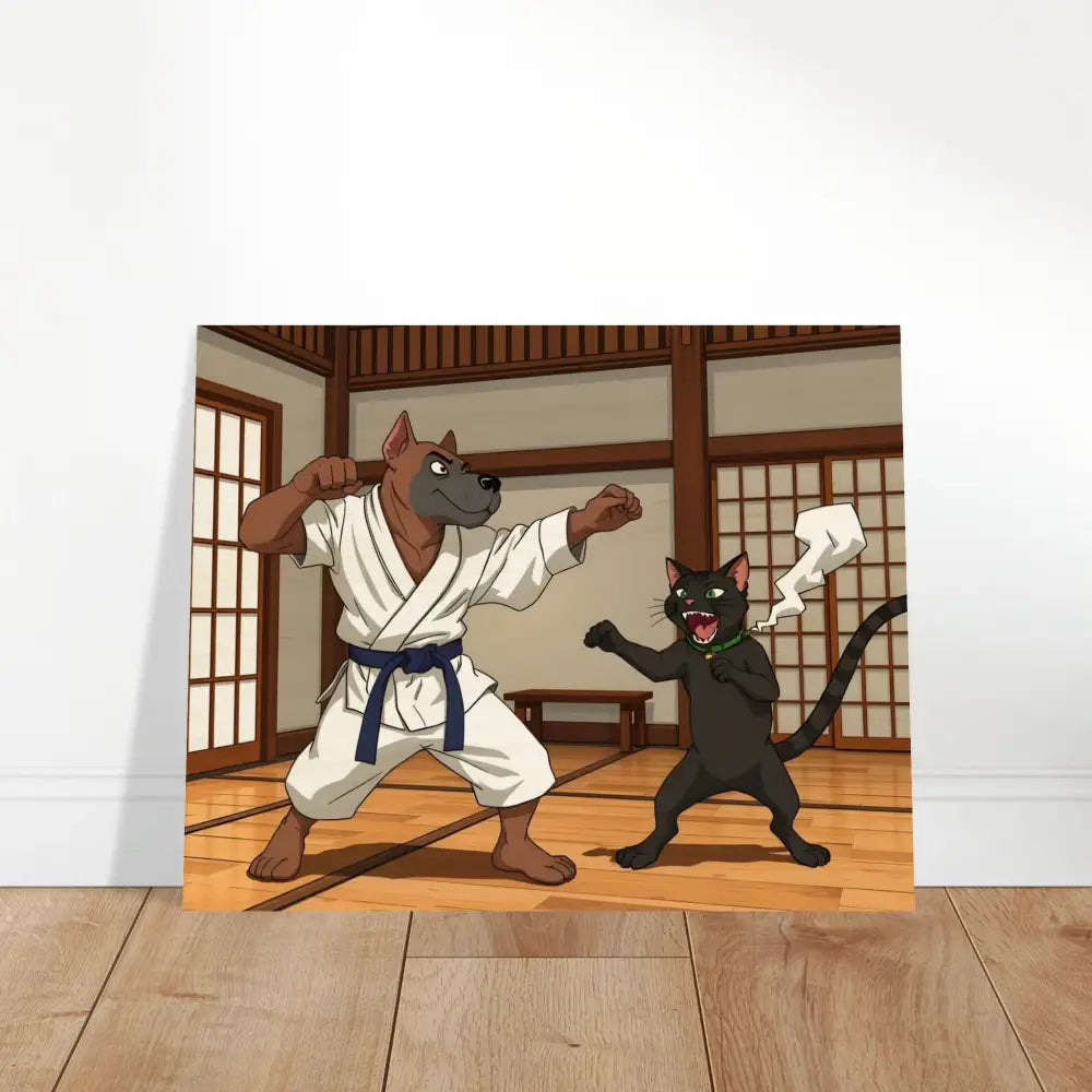 Cartoon karate dog and cat on Wood Prints Paws of Fury PixiOnyx Martial Mayhem