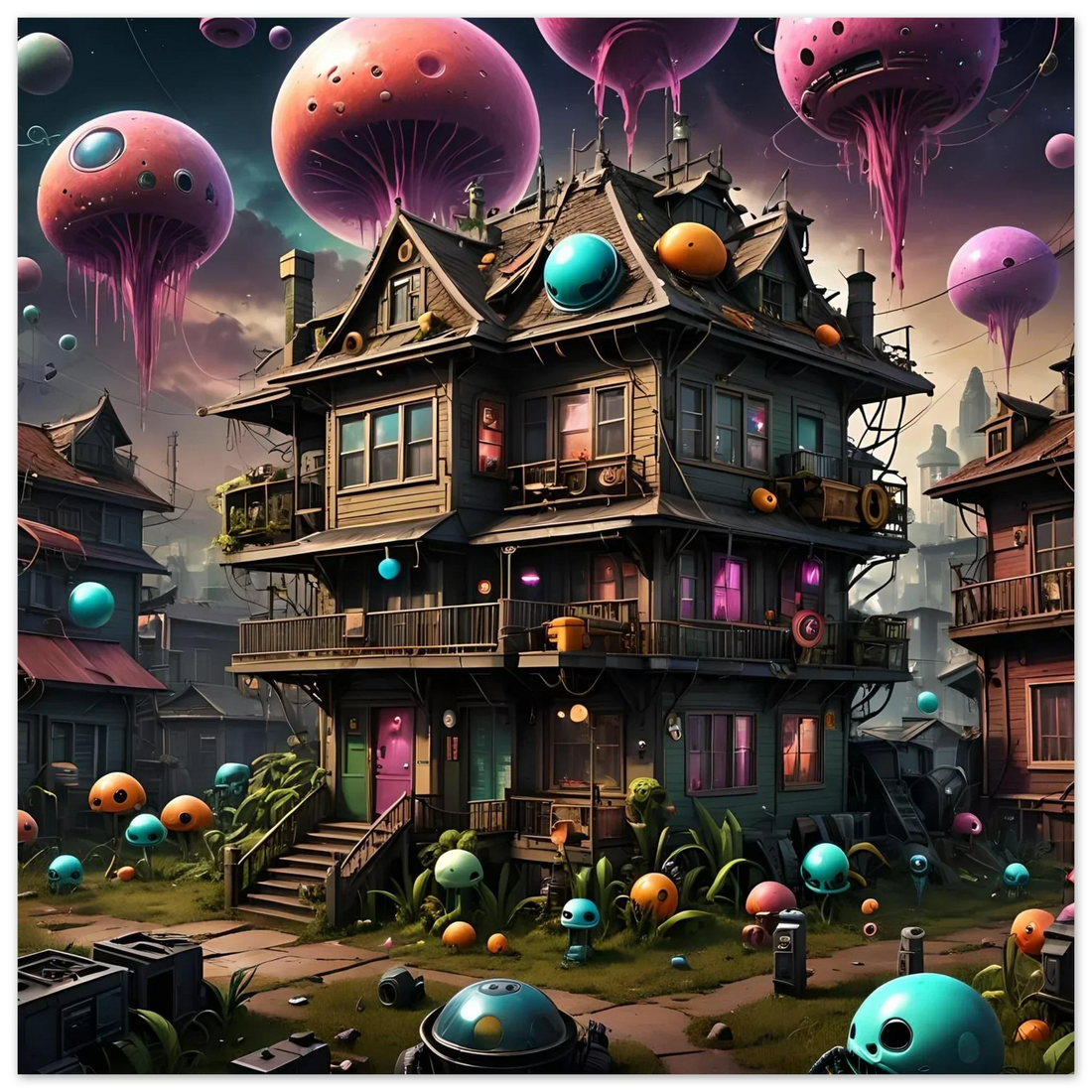 Whimsical three-story house with floating jellyfish-like orbs in Psychedelic Wall Art article